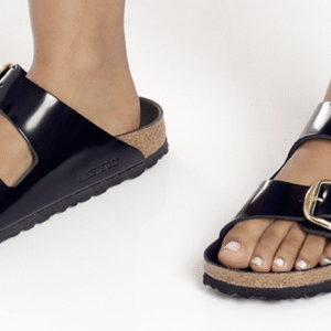 Birkenstock Arizona Buckle High Shine Black Narrow Width Two-Strap Sandals